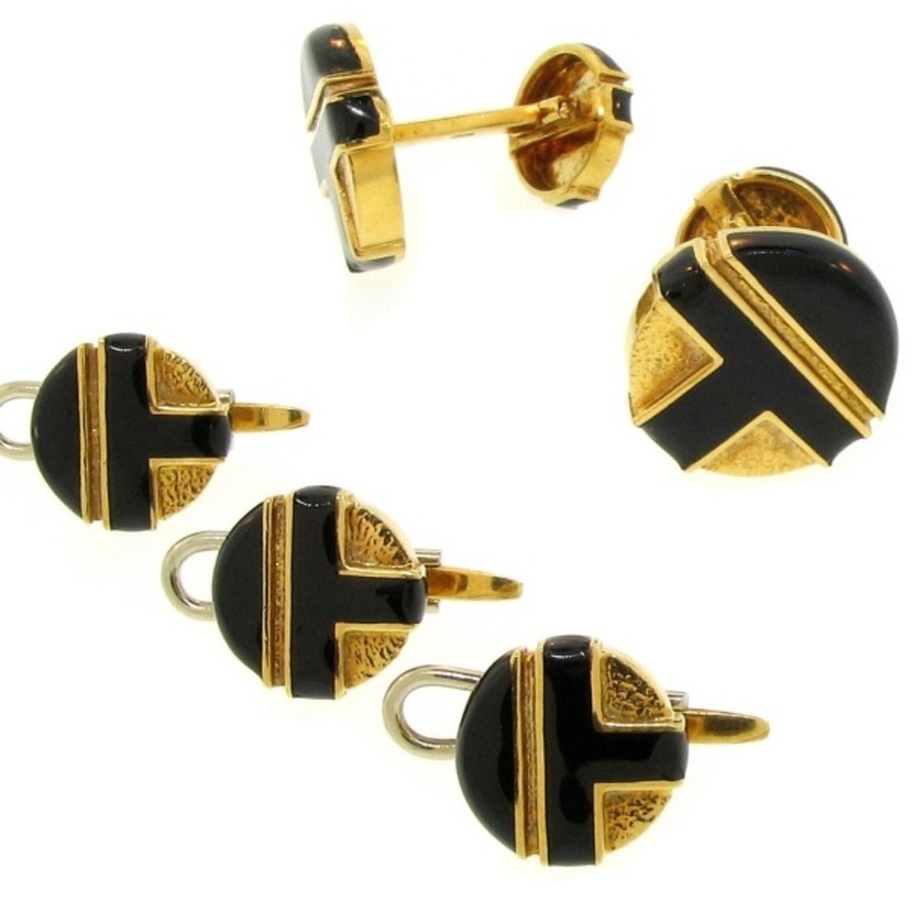 David Webb Vintage 18 k Gold And black Enamel Cufflink and stud set. 6 pieces